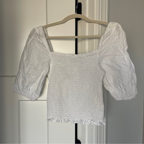 Faherty Frankie Oyster White Smocked Puff Sleeve Blouse Linen - Picture 6 of 6